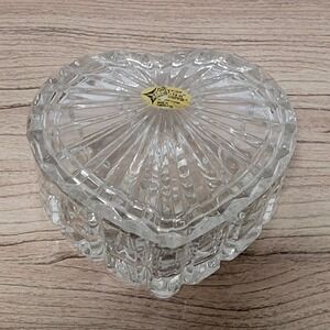 Vintage Zajecar 24% Lead Crystal Heart Shaped Box W/ Lid & Label Made Yugoslavia
